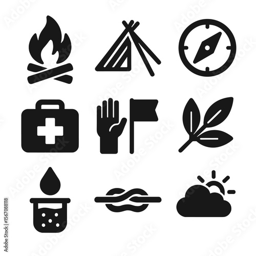 Outdoor Survival Icons. Solid, filled icon set of outdoor survival skills: fire making, shelter building, navigation, first aid,