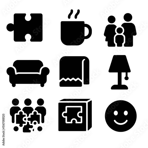 Family Puzzle Icons. Solid, filled icons set of a family putting together a puzzle on a cozy afternoon: puzzle