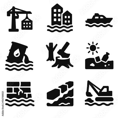 Human Impact Icons. Solid, filled icon set of human impact on coasts: construction crane, coastal development, boat traffic,