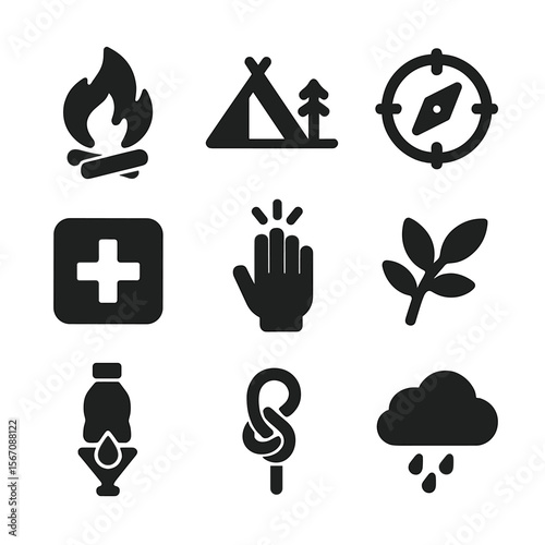 Outdoor Survival Icons. Solid, filled icon set of outdoor survival skills: fire making, shelter building, navigation, first aid,