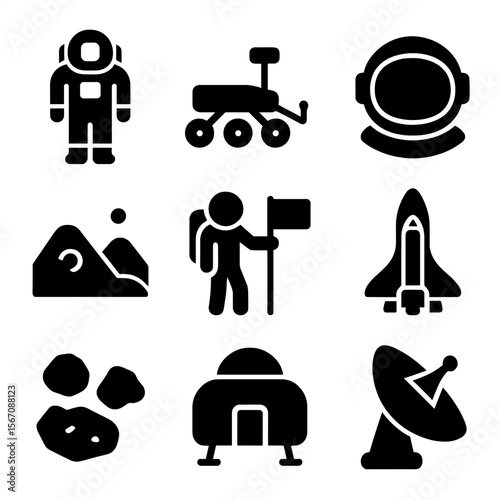 Mars Exploration Icons. Solid, filled icon set of astronauts on Mars: astronaut suit, Mars rover, space helmet, Martian landscape,
