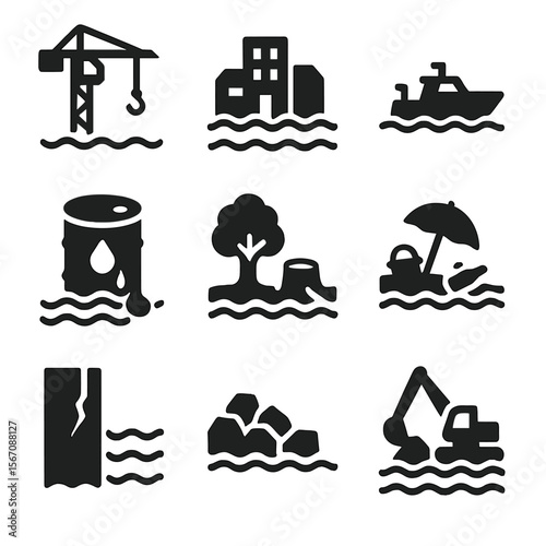 Human Impact Icons. Solid, filled icon set of human impact on coasts: construction crane, coastal development, boat traffic,