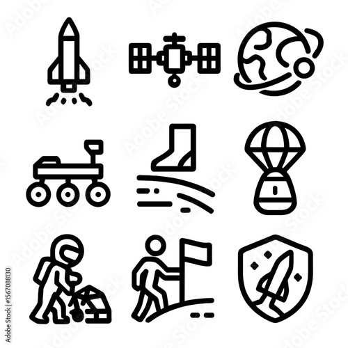 Mars Mission Icons. Solid, filled icon set of Mars mission milestones: launch rocket, space station, Mars orbit, rover landing,