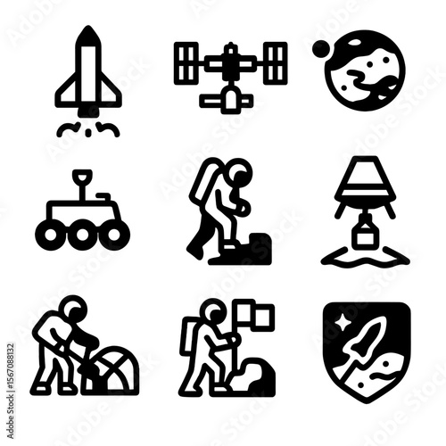 Mars Mission Icons. Solid, filled icon set of Mars mission milestones: launch rocket, space station, Mars orbit, rover landing,