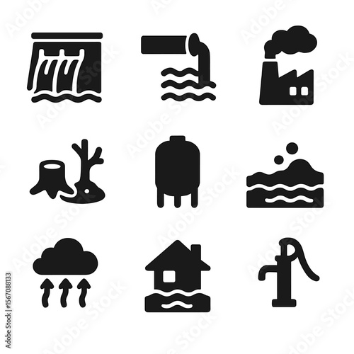 Human Impact Icons. Solid, filled icon set of human impact on water cycle: dam, irrigation pipe, factory smoke, deforestation,