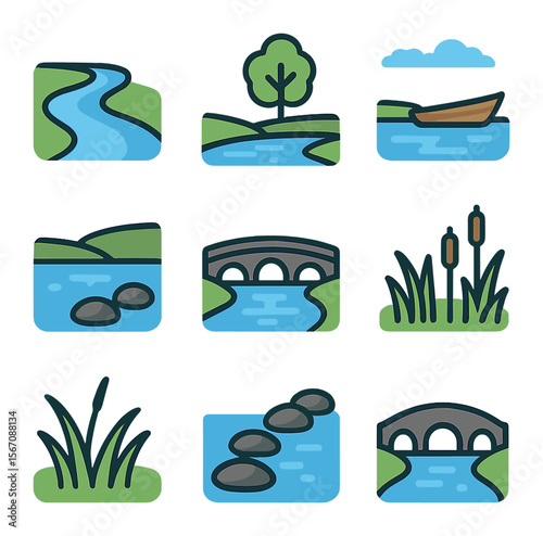Riverside Icon Collection. Solid, filled icons set of riverside landscapes: river curve, green banks, grass,