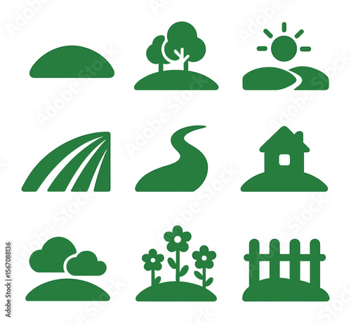 Green Hills Icons. Solid, filled icons set of green hills: curved hill, tree cluster, sun icon, slope lines,