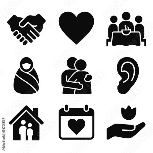 Family Support Icons. Solid, filled icons set of family support in tough times: holding hands, heart icon,