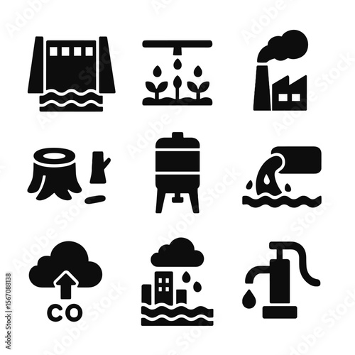 Human Impact Icons. Solid, filled icon set of human impact on water cycle: dam, irrigation pipe, factory smoke, deforestation,