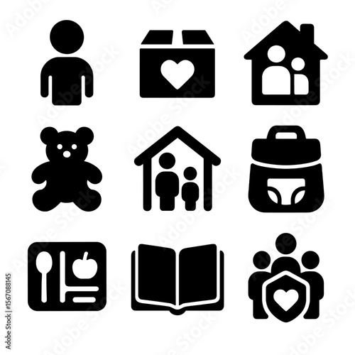 Family Support Icons. Solid, filled icons set of family support shelters: child icon, care package, comfort