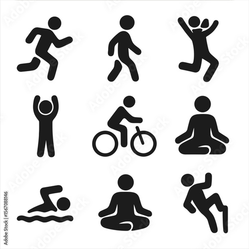 Human Movement Icons. Solid, filled icon set of human movement: running figure, walking person, jumping silhouette, dancing pose,