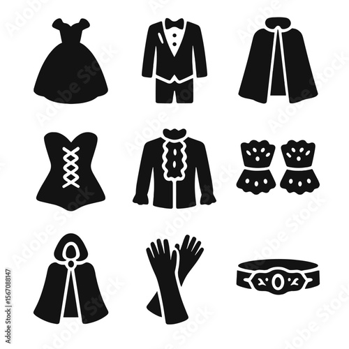 Masquerade Costume Icons. Solid, filled icon set of masquerade costumes: ball gown, tuxedo, cape, corset, ruffled shirt, lace