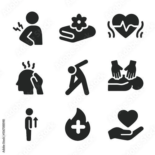 Massage Therapy Icons. Solid, filled icon set of massage therapy benefits: pain relief, muscle relaxation, improved circulation,