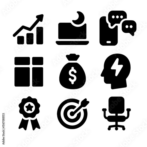 Hustle Culture Icons. Solid, filled icon set of hustle culture symbols: rising graph, laptop at night, nonstop notifications, time