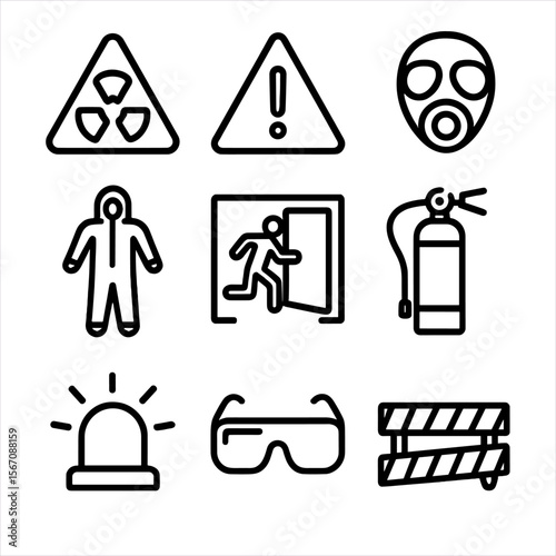 Ozone Hazard Symbols. Solid, filled icon set of ozone layer hazards and warnings: hazard sign, warning triangle, gas mask,