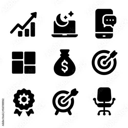 Hustle Culture Icons. Solid, filled icon set of hustle culture symbols: rising graph, laptop at night, nonstop notifications, time