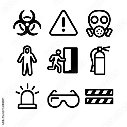 Ozone Hazard Symbols. Solid, filled icon set of ozone layer hazards and warnings: hazard sign, warning triangle, gas mask,