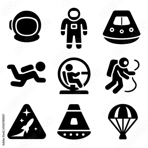 Human Spaceflight Icons. Solid, filled icon set of human spaceflight: astronaut helmet, space suit, spacecraft cabin, zero gravity