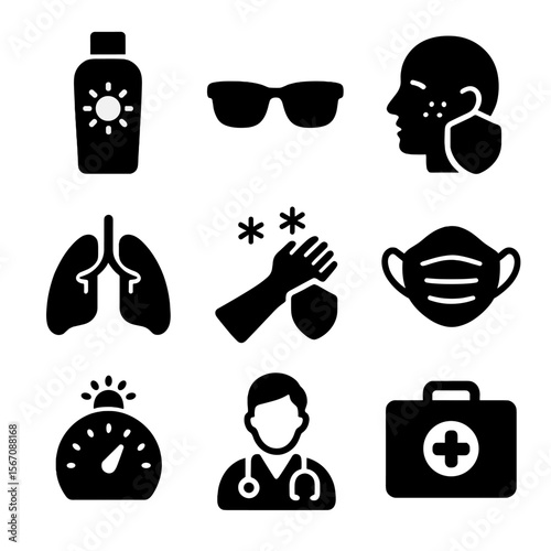 Ozone Protection Icons. Solid, filled icon set of ozone and health protection: sunscreen bottle, sunglasses, skin, lungs, allergy