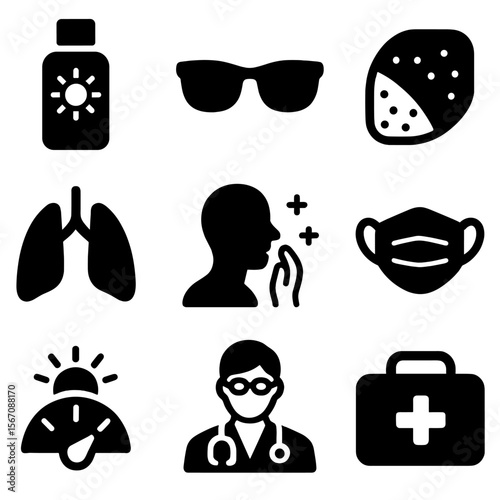 Ozone Protection Icons. Solid, filled icon set of ozone and health protection: sunscreen bottle, sunglasses, skin, lungs, allergy
