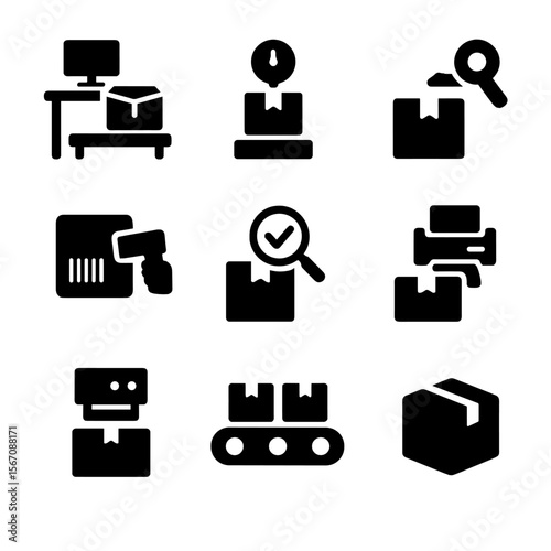 Packaging Process Icons. Solid, filled icon set of packaging processes: packing station, weighing scale, taping box, scanning