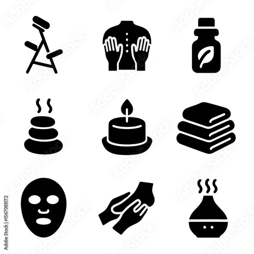 Massage Tool Icon Set. Solid, filled icon set of massage and wellness tools: massage chair, hands massaging back, essential oil,