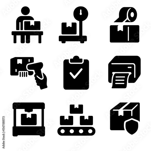 Packaging Process Icons. Solid, filled icon set of packaging processes: packing station, weighing scale, taping box, scanning