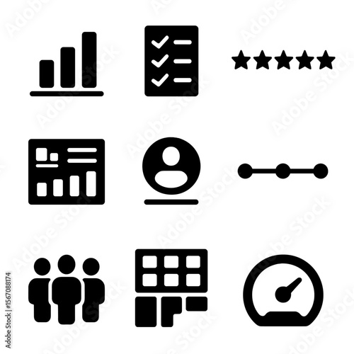 Hybrid Team Icons. Solid, filled icon set of performance tracking in hybrid teams: bar graph, checklist, star rating, project