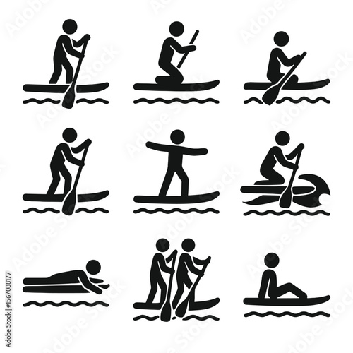 Paddleboarding Icon Set. Solid, filled icon set of paddleboarding techniques: standing, kneeling, sitting, paddling forward,