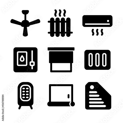 HVAC Efficiency Icons. Solid, filled icon set of heating and cooling efficiency: ceiling fan, radiator, air conditioner,