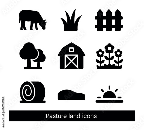 Pasture Land Icons. Solid, filled icons set of pasture land: grazing animal, grass, wooden fence, blue sky,