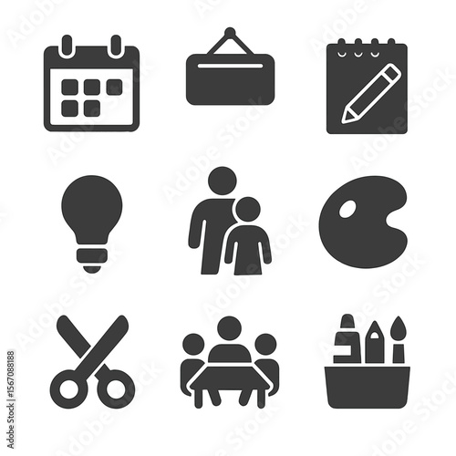 Family Workshop Icons. Solid, filled icons set of weekend family workshops: calendar icon, workshop sign,