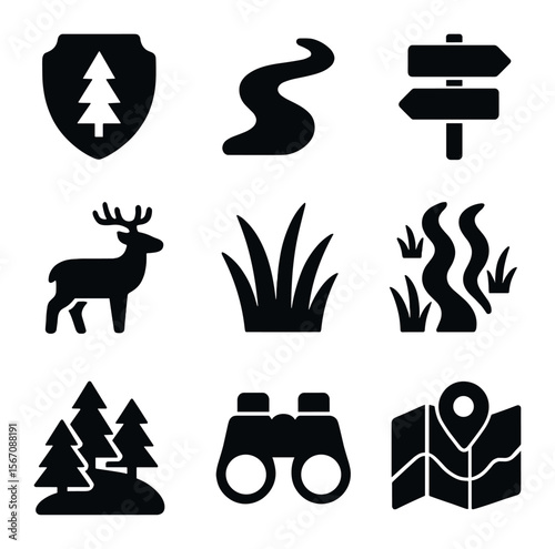 Nature Reserve Icons. Solid, filled icons set of nature reserves: protected zone, trail, signpost, wildlife