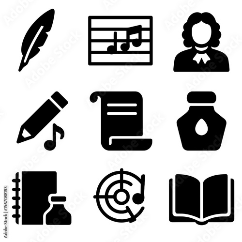 Hymn Composition Icons. Solid, filled icon set of hymn composition and writing: quill pen, manuscript, musical staff, composer,