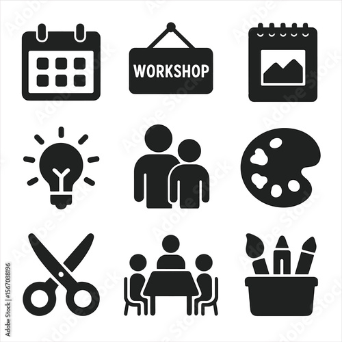 Family Workshop Icons. Solid, filled icons set of weekend family workshops: calendar icon, workshop sign,