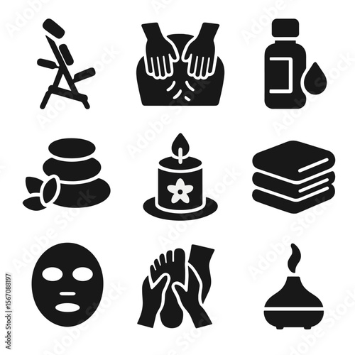 Massage Tool Icon Set. Solid, filled icon set of massage and wellness tools: massage chair, hands massaging back, essential oil,