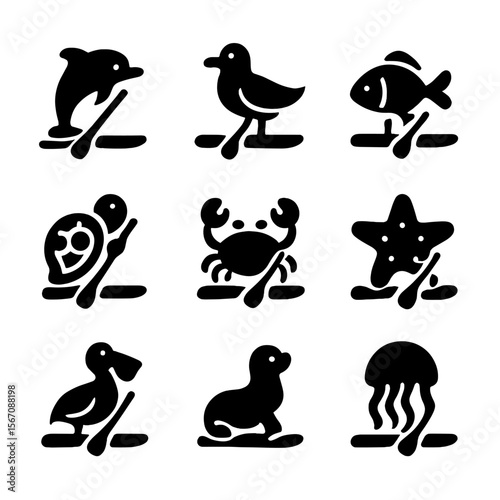 Paddleboarding Animal Icons. Solid, filled icon set of paddleboarding animals: dolphin, seagull, fish, turtle, crab, starfish,