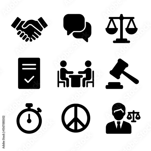 Mediation Icons Grid. Solid, filled icon set of mediation and negotiation: handshake, speech bubbles, balance scales, agreement