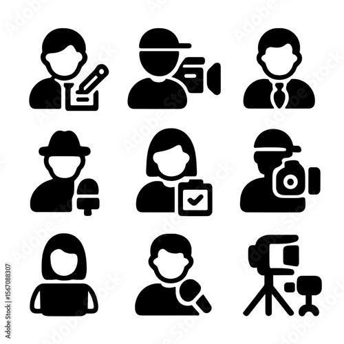 Media Roles Icon Set. Solid, filled icon set of Press and media roles: editor, cameraman, news anchor, reporter, fact checker,