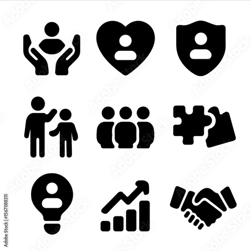Parental Support Icons. Solid, filled icon set of parental support: helping hands, heart, shield, encouragement, team, puzzle