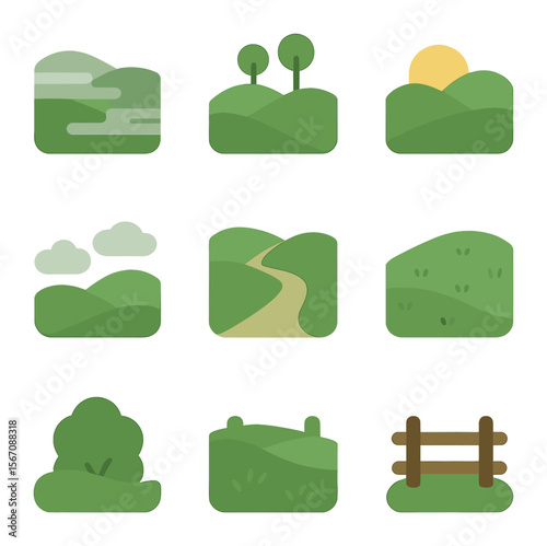 Foggy Hills Icons. Solid, filled icons set of foggy green hills: mist, rolling green, trees, early sun, clouds