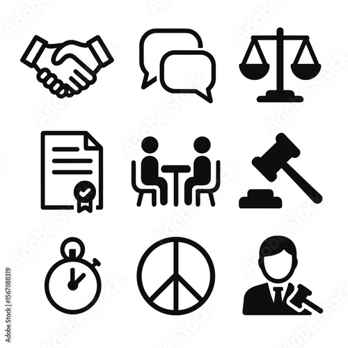 Mediation Icons Grid. Solid, filled icon set of mediation and negotiation: handshake, speech bubbles, balance scales, agreement