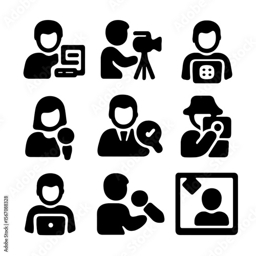 Media Roles Icon Set. Solid, filled icon set of Press and media roles: editor, cameraman, news anchor, reporter, fact checker,