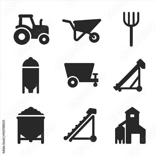 Farm Equipment Icons. Solid, filled icons set of feed bucket related farm equipment: tractor, wheelbarrow,