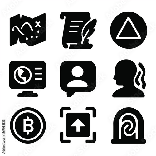 Immersive Icon Grid. Solid, filled icon set of immersive world-building: fictional map, lore scroll, invented logo, alternate news