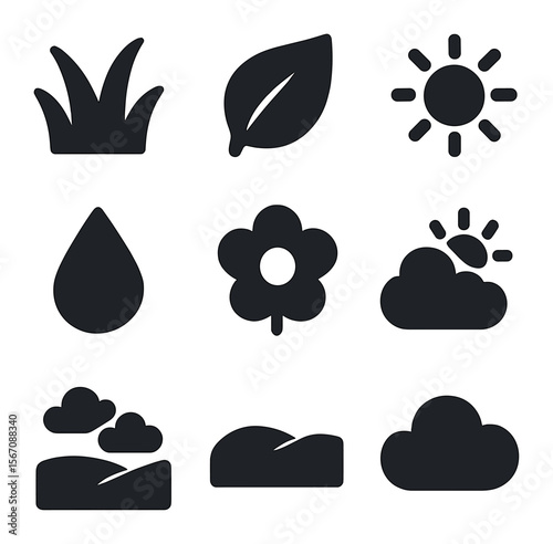 Nature Icons Grid. Solid, filled icons set of fresh nature: grass icon, leaf, sunlight, water droplet, flower,