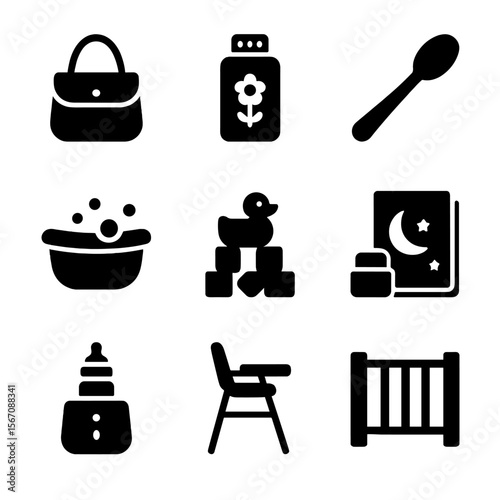 Parenting Essentials Icons. Solid, filled icon set of parenting essentials: diaper bag, baby powder, feeding spoon, baby bath,
