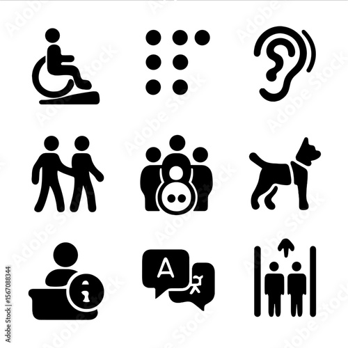 Inclusion Icon Set. Solid, filled icon set of inclusion and access: wheelchair ramp, braille sign, hearing aid icon, person