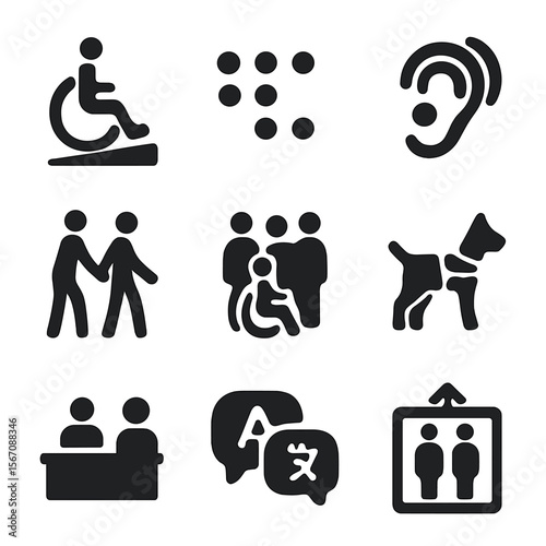 Inclusion Icon Set. Solid, filled icon set of inclusion and access: wheelchair ramp, braille sign, hearing aid icon, person
