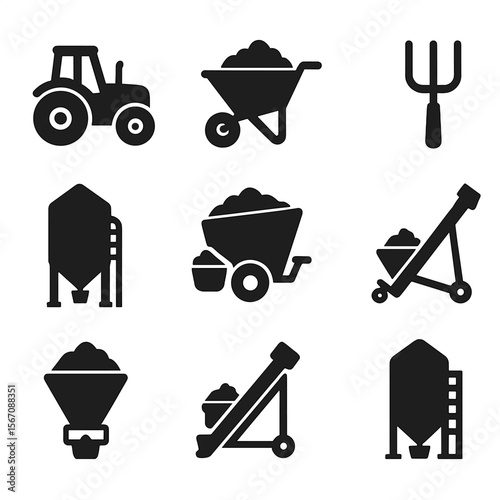 Farm Equipment Icons. Solid, filled icons set of feed bucket related farm equipment: tractor, wheelbarrow,